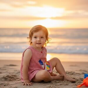 Girls 6 Samara gingham white red apron ruffled hem button detail graphic design